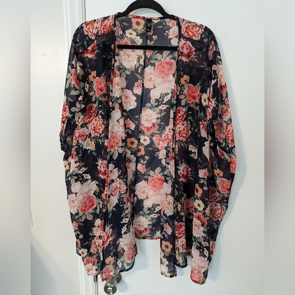 Women's Floral Print Puff Sleeve Kimono Chiffon Loose Cover Up - Size Small - Picture 6 of 12
